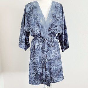 Vintage Expressions Silk Robe Blue Floral with Lace Trim Belted